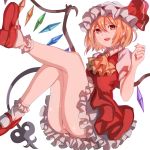  :d ascot ass bad_id bad_twitter_id blonde_hair commentary_request crystal dress fang feet_out_of_frame flandre_scarlet hair_between_eyes hand_up hat hat_ribbon highres jan_(lightdragoon) knees_up laevatein light_particles looking_at_viewer mary_janes mob_cap nail_polish open_mouth panties petticoat puffy_short_sleeves puffy_sleeves red_dress red_eyes red_footwear red_nails red_ribbon ribbon shoes short_hair short_sleeves simple_background smile socks solo touhou underwear white_background white_hat white_legwear white_panties wing_collar wings yellow_neckwear 