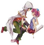  1girl black_legwear blue_eyes choker fan green_hair green_pants hiiragi_yuzu holding holding_fan pants paper_fan pink_footwear pink_hair pleated_skirt profile red_eyes red_footwear red_hair red_shirt red_skirt rento_(rukeai) sakaki_yuuya shirt shoes short_sleeves skirt sleeveless smile spiked_hair thighhighs yuu-gi-ou yuu-gi-ou_arc-v 