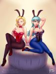  android_18 animal_ears arm_support bare_shoulders blonde_hair blue_eyes blue_hair blue_legwear bow bowtie breasts bulma bunny_ears bunnysuit cleavage commentary crossed_legs detached_collar dragon_ball dragon_ball_z high_heels highres leotard looking_at_viewer medium_breasts multiple_girls pantyhose parted_lips red_footwear red_legwear renardart short_hair sitting smile wrist_cuffs 