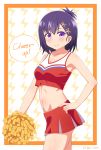  bad_id bad_pixiv_id bangs bare_shoulders cheerleader collarbone crop_top english eyebrows_visible_through_hair gabriel_dropout hair_ornament hairclip hand_on_hip highres midriff miniskirt navel nyaroon pleated_skirt pom_poms purple_eyes purple_hair short_hair skirt smile solo speech_bubble stomach tank_top topknot tsukinose_vignette_april x_hair_ornament 