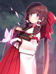  :o alternate_costume alternate_hairstyle blurry blurry_background blush bow braid brown_hair bug butterfly detached_sleeves dutch_angle eyebrows_visible_through_hair hair_bow hair_tubes hakama_skirt hakurei_reimu highres insect japanese_clothes long_hair miko night obi outdoors ponytail red_bow red_eyes red_skirt sash shiny shiny_hair sidelocks skirt solo touhou usamata very_long_hair wide_sleeves 