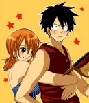  1boy 1girl black_eyes black_hair blush couple hat hug monkey_d_luffy nami_(one_piece) one_piece orange_hair pirate short_hair smile straw_hat_pirates tattoo 