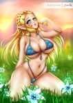  1girl bikini_thong bikini_top blonde_hair blue_bikini blue_eyes blush breasts cleavage jewelry lips navel nintendo pointy_ears princess_zelda sevie the_legend_of_zelda the_legend_of_zelda:_breath_of_the_wild thighs triforce underboob 