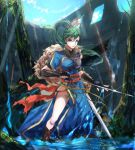  blue_dress breasts brown_footwear cloud collar commentary_request day dress earrings elbow_gloves fingerless_gloves fire_emblem fire_emblem:_rekka_no_ken fire_emblem_heroes fur fur_trim gloves green_eyes green_hair hair_tie haru_hikoya high_ponytail holding holding_sword holding_weapon hole jewelry legs light_rays long_hair lyndis_(fire_emblem) medium_breasts moss outdoors pelvic_curtain plant ponytail ruins sash side_slit sky sunbeam sunlight sword thighs tied_hair tree vines wading water weapon wood 