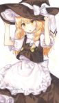  :o adjusting_clothes adjusting_hat apron black_skirt black_vest blonde_hair blush bow braid cheunes commentary double-breasted eyebrows_visible_through_hair frilled_apron frilled_sleeves frills hair_bow hat hat_bow kirisame_marisa long_hair long_skirt open_mouth puffy_short_sleeves puffy_sleeves shirt short_sleeves side_braid skirt skirt_set solo touhou very_long_hair vest white_apron white_background white_bow white_shirt witch_hat yellow_eyes 