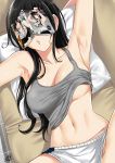  arm_at_side arm_up armpits artist_name bangs bare_shoulders black_hair breasts cleavage collarbone couch earrings grey_shirt groin highres jewelry large_breasts lips long_hair lying manga_(object) midriff navel on_back on_couch original panties parted_lips pillow shirt shirt_lift short_shorts shorts sleeping sleeveless sleeveless_shirt solo stomach stud_earrings teeth underwear white_pillow xtermination 