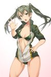  bikini bikini_under_clothes breasts collarbone commentary_request cowboy_shot green_eyes green_hair hand_on_hip highres kantai_collection long_hair looking_at_viewer medium_breasts navel open_mouth simple_background solo standing stomach swimsuit swimsuit_under_clothes tsukira_(amayadori) twintails white_background zuikaku_(kantai_collection) 