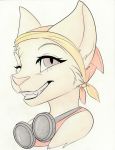  2018 absurd_res anthro bandanna big_ears brown_eyes bust_(disambiguation) clothed clothing collaboration eyewear feline female fur goggles grin hi_res looking_at_viewer mammal one_eye_closed pencil_(artwork) portrait shirt sierraar simple_background smile solo tajaran tank_fur tank_top taykoe teeth traditional_media_(artwork) white_background wink ziva_mo&#039;taki_ta&#039;kim 