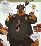  2017 5_fingers anthro badge belly belt canine clothing dog doughnut english_text food german_shepherd hat male mammal necktie obese obese_male overweight overweight_male pants police shirt speech_bubble text tongue tongue_out vetrowolf 