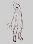  anthro avian boots clothed clothing eyebrows eyelashes feathers female footwear fully_clothed grey_background high-angle_view laefa_padlo line_art monochrome qualzar scorchen shorts simple_background sketch solo standing tail_feathers winged_arms wings 