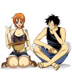  1boy 1girl black_eyes black_hair blush couple hat monkey_d_luffy nami_(one_piece) one_piece orange_hair pirate short_hair smile straw_hat_pirates tattoo 