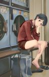  androgynous barefoot bench black_hair brown_shorts error grey_eyes hand_on_own_cheek head_rest indoors kantai_collection laundromat laundry looking_at_viewer makio_(makiomeigenbot) mogami_(kantai_collection) red_shirt school_uniform shirt short_hair shorts sitting slippers smile solo washing_machine 