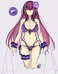  absurdres bare_shoulders bikini bracelet breasts commentary fate/grand_order fate_(series) flower frills front-tie_top hair_flower hair_ornament halterneck highleg highleg_bikini highres jewelry large_breasts layered_bikini leg_garter multi-strapped_bikini navel okitakung purple_bikini purple_hair red_eyes scathach_(fate)_(all) scathach_(swimsuit_assassin)_(fate) side-tie_bikini swimsuit thigh_strap 