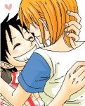  1boy 1girl black_eyes black_hair blush couple hat monkey_d_luffy nami_(one_piece) one_piece orange_hair pirate short_hair smile straw_hat_pirates tattoo 