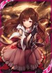  akkijin bare_shoulders black_gloves brown_hair card_(medium) dress gloves holding holding_weapon lightning official_art red_eyes shinkai_no_valkyrie shy solo weapon whip 