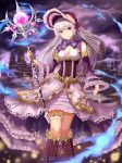  bonnet boots breasts castle cloud dew_(7302235) dress frilled_sleeves frills highres holding holding_staff knee_boots long_hair looking_at_viewer medium_breasts original outdoors purple purple_dress solo staff standing thigh_strap white_hair 