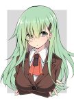  absurdres arms_under_breasts blouse breast_hold breasts brown_jacket buttons cardigan crossed_arms eyebrows_visible_through_hair frown green_eyes green_hair hair_ornament hairclip highres jacket kantai_collection large_breasts long_hair long_sleeves sakakiba_misogi school_uniform solo suzuya_(kantai_collection) upper_body white_blouse wing_collar 