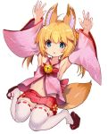 animal_ear_fluff animal_ears armpits arms_up bell blonde_hair blue_eyes detached_sleeves fox_ears fox_tail hair_ornament hairclip hakama_skirt heart japanese_clothes jingle_bell jumping kemomimi_oukoku_kokuei_housou legs_up long_hair miko mikoko_(kemomimi_oukoku_kokuei_housou) miniskirt navel open_clothes open_mouth open_shirt pink_shirt red_skirt ribbon rk_(rktorinegi) sandals shirt simple_background skirt solo tail thighhighs twintails virtual_youtuber white_background white_legwear 