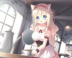  :d animal_ears apron bangs blonde_hair blue_eyes blue_sky blush bow breasts ceiling_light chair collarbone commentary_request cup day dress eyebrows_visible_through_hair fang fox_ears frilled_apron frills hair_between_eyes hair_bow holding_saucer holding_tail indoors leaning_forward long_hair looking_at_viewer medium_breasts open_mouth original pink_dress pleated_dress puffy_short_sleeves puffy_sleeves red_bow satsuki_yukimi saucer short_sleeves sky smile solo sunlight table tail tea teacup teapot waitress white_apron window 