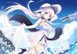  azur_lane blue_eyes commentary_request dress elbow_gloves flight_deck garter_straps gloves hair_tubes hat illustrious_(azur_lane) ju_topia light_blush light_smile long_hair looking_at_viewer mole mole_under_eye ocean silver_hair skirt_hold solo strapless strapless_dress sun_hat swordfish_(airplane) thighhighs tri_tails water white_dress white_gloves white_hat white_legwear 