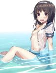  bangs blush breasts eyebrows_visible_through_hair hairband kantai_collection looking_at_viewer navel no_bra open_clothes open_mouth partially_submerged short_hair short_sleeves small_breasts solo tanikaze_(kantai_collection) tenrai wet wet_clothes white_hairband 
