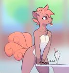  2018 4_fingers anthro bent_over blue_sky breasts brown_eyes brown_fur cherry chest_tuft countershade_torso countershading day depth_of_field desert dessert detailed_background eyebrows eyelashes featureless_breasts female flat_chested food front_view fruit fur grey_nose hair ice_cream inner_ear_fluff looking_away martini_glass mouth_hold multicolored_fur nintendo nude orange_hair orange_tail outside playful pok&eacute;mon pok&eacute;mon_(species) portrait qualzar short_hair sketch sky solo standing table three-quarter_portrait tuft two_tone_fur video_games vulpix white_countershading white_fur wide_hips 