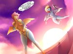  anthro body_swap bodysuit breasts clothing da3rd dialogue duo english_text equine eyewear feathered_wings feathers female flying friendship_is_magic goggles mammal my_little_pony nipples outside pegasus pussy rainbow_dash_(mlp) scootaloo_(mlp) skinsuit standing surprise text thick_thighs tight_clothing wide_hips wings 