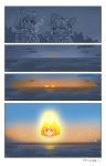  4koma animal_ears bow bowtie breath coat comic commentary_request common_raccoon_(kemono_friends) dated fennec_(kemono_friends) fox_ears fur_trim glowing gradient_sky highres holding japari_symbol kemono_friends korean_commentary limited_palette multiple_girls night outdoors partial_commentary raccoon_ears roonhee serval_(kemono_friends) serval_ears signature sky sun sunrise tatsuki_(irodori)_(style) 