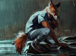  2018 anthro black_eyes canine clothed clothing crouching footwear fox fur hriscia looking_back male mammal orange_fur outside raining river rock shoes solo white_fur 