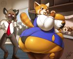  2018 absurd_res aggressive_retsuko anthro belly big_belly big_breasts big_butt big_thighs biped breasts butt clothing digital_media_(artwork) doughnut duo female food footwear haida hi_res holding_food holding_object huge_butt hyena inside male mammal necktie obese obese_female overweight overweight_female red_panda retsuko sanrio shoes thick_thighs torn_clothing zoidberg656art 
