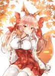  animal animal_ear_fluff animal_ears animal_on_shoulder autumn_leaves bangs blush bow breasts closed_mouth collarbone eyebrows_visible_through_hair fate/extra fate/grand_order fate_(series) fingernails fox fox_ears fox_girl fox_tail hair_between_eyes hair_bow hair_ribbon hakama hakama_skirt hand_up highres japanese_clothes large_breasts leaf long_hair long_sleeves looking_at_viewer md5_mismatch melings_(aot2846) miko pink_hair red_bow red_hakama ribbon ribbon-trimmed_sleeves ribbon_trim sitting sleeves_past_wrists smile solo tail tamamo_(fate)_(all) tamamo_no_mae_(fate) thighhighs twintails very_long_hair white_background white_legwear wide_sleeves yellow_eyes 