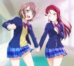  :d ;) anibache blazer blue_eyes blue_skirt blurry blurry_background blush clenched_hand commentary_request grey_hair hair_ornament hairclip half_updo hand_on_own_chest holding_hands jacket long_hair long_sleeves love_live! love_live!_sunshine!! miniskirt multiple_girls one_eye_closed open_mouth otonokizaka_school_uniform pleated_skirt red_hair sakurauchi_riko school_uniform short_hair skirt smile striped striped_neckwear watanabe_you yellow_eyes 