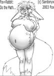  anthro belly big_belly big_breasts breasts canine ear_piercing female fluffy fluffy_tail fox hair hybrid kick lagomorph long_ears mammal monochrome navel nipples nude open_mouth piercing pregnant rabbit sardonyxfox simple_background sketch solo standing text vein white_background 