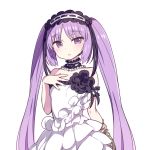  :o bangs bare_shoulders blush chan_co choker dress eyebrows_visible_through_hair fate/grand_order fate/hollow_ataraxia fate_(series) frilled_dress frills hairband jewelry lolita_hairband long_hair looking_at_viewer necklace open_mouth parted_bangs pearl_necklace purple_eyes purple_hair simple_background solo standing stheno twintails very_long_hair white_background white_dress 
