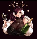  1girl 2019 alcohol bangs bare_shoulders beryl_(junkpuyo) black_dress blue_eyes blush bodystocking breasts champagne champagne_bottle champagne_flute cup dress drinking_glass earmuffs feather_boa halterneck happy_new_year head_tilt highres huge_breasts jewelry junkpuyo lips long_hair looking_at_viewer medium_hair necklace new_year original pendant purple_hair see-through smile solo strapless strapless_dress swept_bangs 