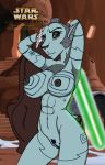  alien big_breasts black_sclera blue_body breasts cheesecaked clone_wars fan_character feather_in_hair feathers female grey_hair hair hi_res lightsaber mature_female nelvaanian nipples nude pubes pussy solo star_wars 
