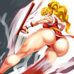 1girl angry ass back big_hair blonde_hair breasts female final_fight from_behind genryuusai_maki high_ponytail huge_ass kicking long_hair looking_at_viewer looking_back medium_breasts muscle ninja ponytail red_eyes sash shiny shiny_clothes shiny_hair shiny_skin shoupun sideboob solo street_fighter thighs thong tonfa weapon 