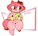  2018 3_fingers 3_toes :3 anthro banana beauty_mark between_breasts big_breasts bikini bow breasts cat cleavage clothed clothing eyelashes feline female food fruit fur gats hair hand_on_breast mammal navel pink_fur pink_hair short_stack slightly_chubby smile solo standing sugar_(gats) swimsuit thick_thighs toes wide_hips 
