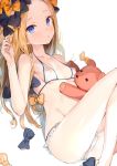  abigail_williams_(fate/grand_order) ass bare_shoulders bikini black_bow blonde_hair blue_eyes blush bow breasts collarbone commentary covered_nipples fate/grand_order fate_(series) forehead hair_bow highres legs long_hair looking_at_viewer nipples object_hug orange_bow polka_dot polka_dot_bow see-through sekisei simple_background small_breasts solo stuffed_animal stuffed_toy swimsuit teddy_bear thighs very_long_hair white_background white_bikini 