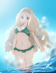  :d absurdres bikini blonde_hair blue_eyes breasts commentary_request darling_in_the_franxx frilled_bikini frills green_bikini hairband highres kokoro_(darling_in_the_franxx) large_breasts long_hair navel neve open_mouth smile solo swimsuit 