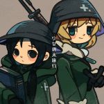  back-to-back bangs black_eyes black_gloves black_hair blonde_hair blue_eyes book brodie_helmet brown_background chito_(shoujo_shuumatsu_ryokou) closed_mouth coat fur_trim gloves green_coat gun helmet highres holding holding_book hood hood_down long_sleeves low_twintails multiple_girls short_hair shoujo_shuumatsu_ryokou smile stahlhelm twintails v weapon yukino_super yuuri_(shoujo_shuumatsu_ryokou) zipper_pull_tab 