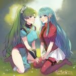  aqua_hair armor blue_eyes blue_hair breasts cape commentary earrings eirika field fingerless_gloves fire_emblem fire_emblem:_rekka_no_ken fire_emblem:_seima_no_kouseki fire_emblem_heroes gloves green_eyes green_hair hand_on_another's_thigh high_ponytail holding_hands jewelry large_breasts long_hair lyndis_(fire_emblem) magical_ondine medium_breasts multiple_girls no_bra no_panties pelvic_curtain ponytail seiza side_slit sitting skirt smile thighhighs wariza watermark zettai_ryouiki 