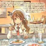  armor bicorne brown_eyes brown_hair chopsticks coaster commentary_request dated detached_sleeves feathers food glass guinea_pig hat kantai_collection kirisawa_juuzou littorio_(kantai_collection) long_hair meatball necktie numbered painting_(object) pasta pitcher pizza revision side_ponytail spaghetti translation_request twitter_username water wavy_hair 