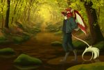  2018 akitamonster anthro avian beak day detailed_background digital_media_(artwork) feathered_wings feathers forest gryphon male outside red_feathers smile solo standing tree wings 