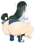  1girl :p ass asui_tsuyu black_eyes black_hair blush boku_no_hero_academia breasts frog_girl from_behind half-closed_eyes highres hips huge_ass jinu large_breasts long_hair looking_back no_panties school_uniform simple_background sweat thick_thighs thighs tongue tongue_out very_long_hair white_background wide_hips 