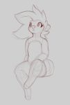  3_toes anthro black_and_grey breasts ears_back eyelashes featureless_breasts female flat_chested front_view full-length_portrait fur grey_background hair kae_esrial line_art long_hair mammal nude portrait qualzar simple_background sitting sketch solo tarunah toes wide_hips 