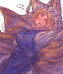  bangs blonde_hair breasts closed_eyes eyebrows_visible_through_hair fang fox_tail hat highres large_breasts masanaga_(tsukasa) mob_cap multiple_tails open_mouth short_hair simple_background sleeping solo tabard tail touhou white_background yakumo_ran 