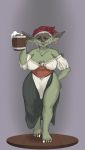  2018 alcohol barefoot beer beverage big_breasts breasts clothed clothing digital_drawing_(artwork) digital_media_(artwork) ear_piercing feet female geier goblin green_skin hair humanoid looking_at_viewer not_furry open_mouth piercing simple_background smile solo stretch_marks thick_thighs voluptuous white_hair wide_hips 