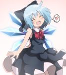  \||/ ^_^ blue_bow blue_dress blue_hair blush bow cirno closed_eyes cowboy_shot do_(4-rt) dress eyebrows_visible_through_hair fairy gradient gradient_background hair_between_eyes hair_bow happy heart highres ice ice_wings open_mouth outstretched_arms sleeveless sleeveless_dress smile solo speech_bubble spoken_heart touhou wing_collar wings 