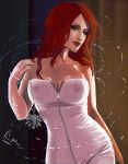  1girl bare_shoulders breasts cleavage dress green_eyes highres jewelry lipstick long_hair magic medium_breasts necklace nipples red_hair see-through smile solo standing the_witcher the_witcher_3 triss_merigold water wet zipper 